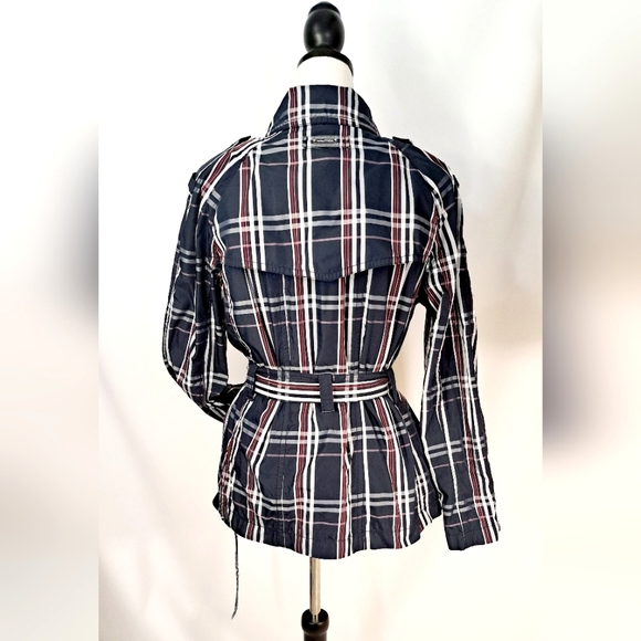 Nautica Double Breasted Blue Plaid Pea Coat Belted Pockets Fleece Lining Large - Picture 4 of 17